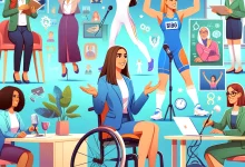 digital illustration showcasing a diverse group of women with disabilities, engaged in various activities that highlight their achievements and contributions to society.
