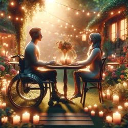two people with visible disabilities, enjoying a romantic moment in a beautiful outdoor setting. They are holding hands across a small, cozy table set with a candlelit dinner. The setting is an enchanting garden with soft, ambient lighting highlighting the surrounding flowers and greenery