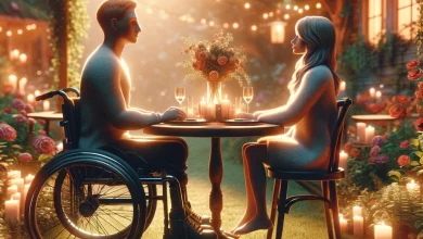 two people with visible disabilities, enjoying a romantic moment in a beautiful outdoor setting. They are holding hands across a small, cozy table set with a candlelit dinner. The setting is an enchanting garden with soft, ambient lighting highlighting the surrounding flowers and greenery