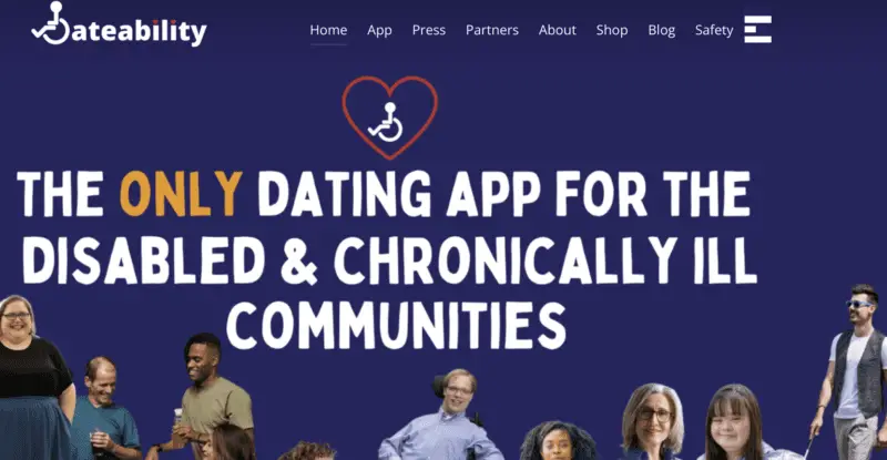 Text: THE ONLY DATING APP FOR THE DISABLED & CHRONICALLY ILL COMMUNITIES" a diverse range of disabled people on a blue background, this is a screenshot of the app homepage