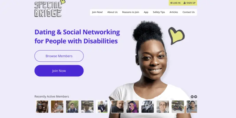 purple screen with a carousel of disabled member images. Text:" Dating and social networking for people with disabilities"