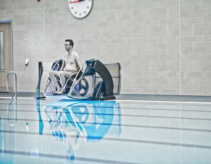 The first Poolpod was installed at the Aquatic Centre for London 2012. It allows wheelchair users and others with impaired mobility to enter the water independently.