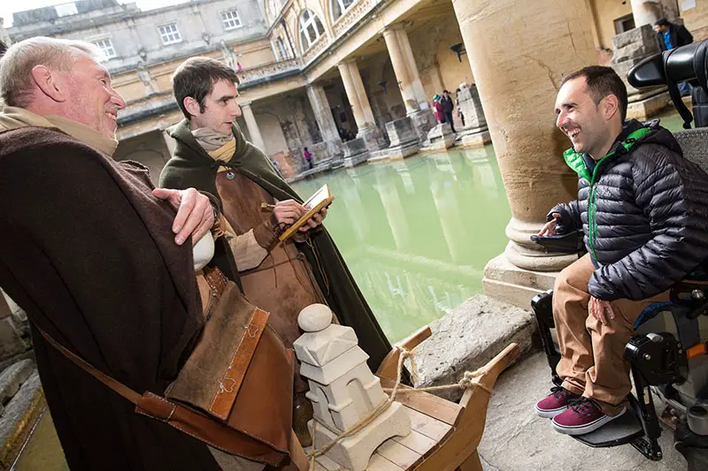 Martin trys out the accessibility of the Roman Baths museum. March 2015. Photographer Freia Turland e:info@ftphotography.co.uk m:07875514528