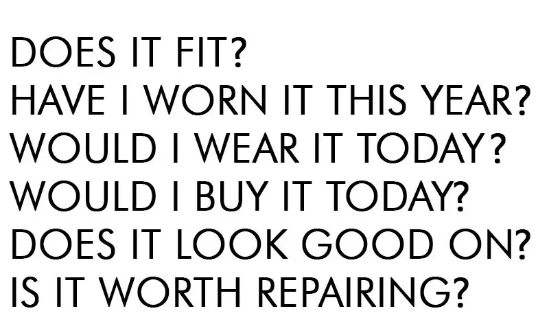 Text image: Does it fit? Have I worn it this year? Would I wear it today? Would I buy it today? Does it look good on? Is it worth repairing?