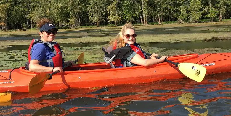 Wheelchair user Shannon kayaking