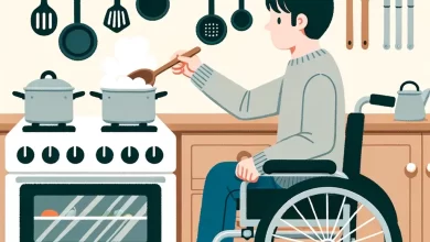 Illustration of a wheelchair user stirring a pot on the stove with adaptive kitchen tools hanging nearby.