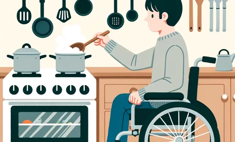 Illustration of a wheelchair user stirring a pot on the stove with adaptive kitchen tools hanging nearby.