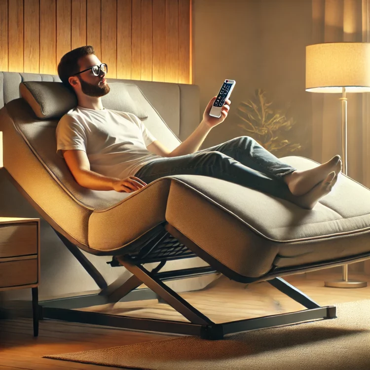 A man wearing sunglasses and casual clothing reclines in an adjustable lounge chair, holding a remote control. The room has warm lighting, with a lamp and a wooden nightstand nearby, creating a cozy atmosphere.