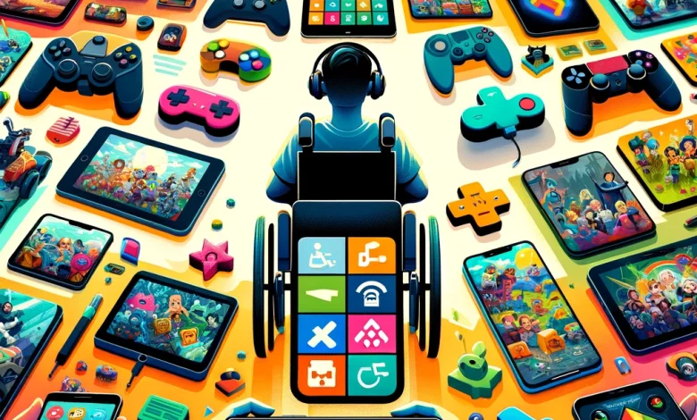 olorful and engaging collage of the top 25 accessibility gaming apps, showcasing various devices and highlighting the diversity of games designed for players with different accessibility needs