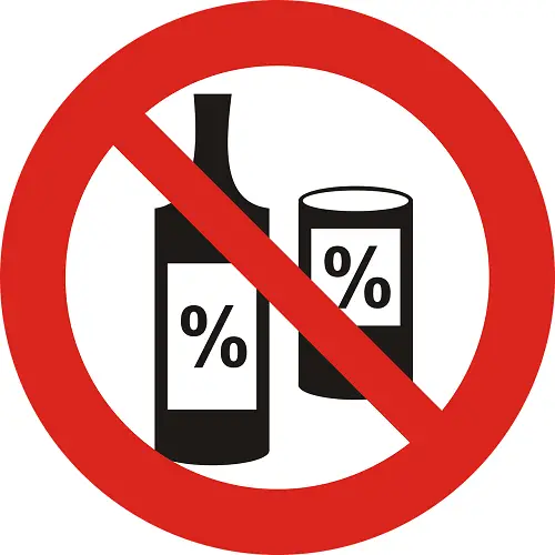 Alcohol bottles with red banned sign over them