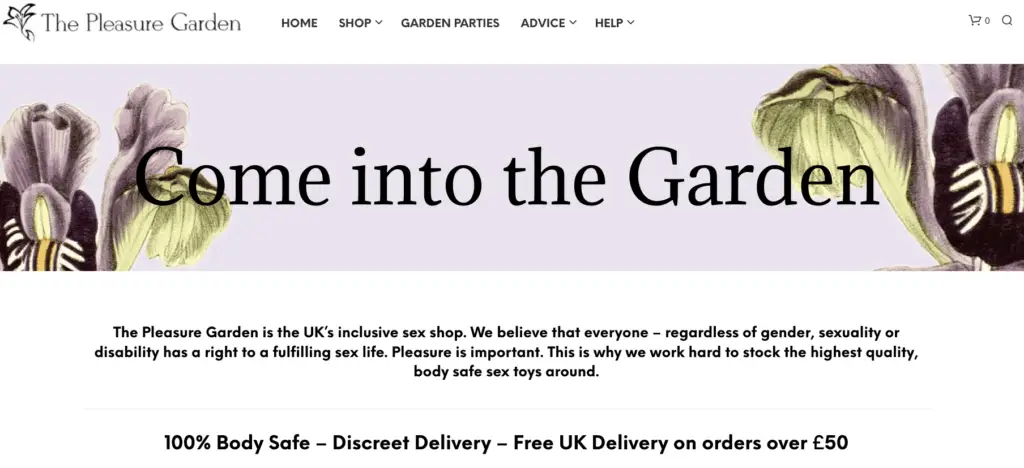 Banner for The Pleasure Garden website. The text "Come into the Garden" is overlaid on a light purple background with illustrations of purple flowers. Below, text describes The Pleasure Garden as an inclusive sex shop in the UK, emphasizing a commitment to high-quality, body-safe sex toys and fulfilling sex lives for all.