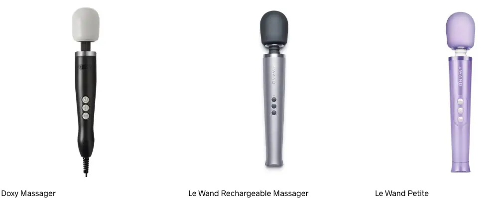 Three massagers are shown. From left to right: Doxy Massager: Black handle with a large white rounded head and three buttons on the handle. Le Wand Rechargeable Massager: Silver handle with a large black rounded head and three buttons on the handle. Le Wand Petite: Purple handle with a smaller rounded head and three buttons on the handle.