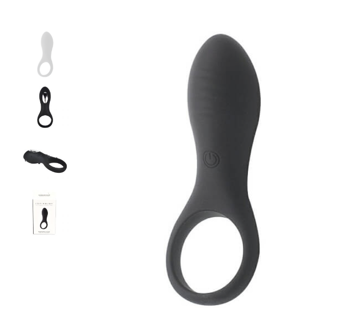 A black vibrating cock ring with a rounded end and an on/off button in the middle. The ring portion is at the bottom for easy placement. To the left are three smaller images showing different views of the product, including its packaging.