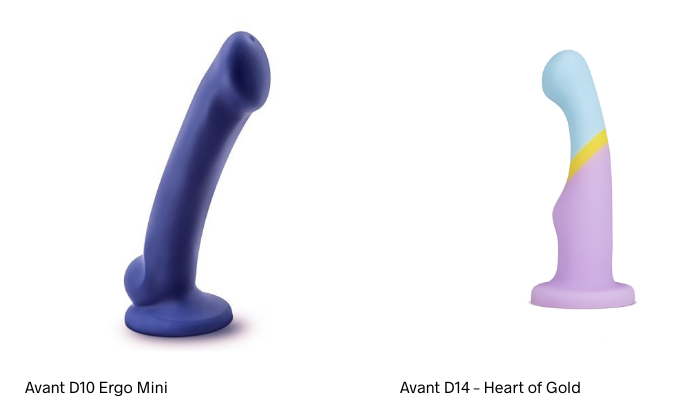 Two harness-compatible dildos are shown. Avant D10 Ergo Mini: Blue dildo with a curved shaft and a rounded base. Avant D14 - Heart of Gold: Multi-colored dildo with a blue tip, yellow middle stripe, and purple base, featuring a curved shape.