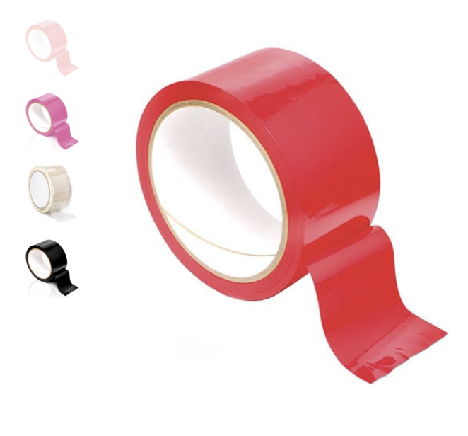 A roll of glossy, red bondage tape with a strip partially unrolled. Smaller images of the same tape in pink, purple, clear, and black are displayed on the left side