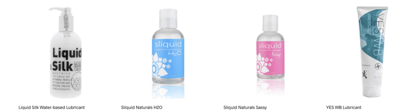 A row of four lubricant bottles with their names shown below. From left to right: Liquid Silk Water-based Lubricant in a white pump bottle, Sliquid Naturals H2O in a clear bottle with blue label, Sliquid Naturals Sassy in a clear bottle with pink label, and YES WB Lubricant in a white tube with blue-green label.