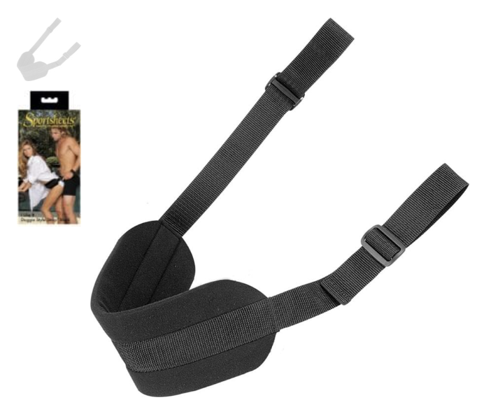 Black adjustable strap with padded supports, designed to assist with positioning during sex. The packaging shows a couple demonstrating its use. The brand name "Sportsheets" is visible on the package.