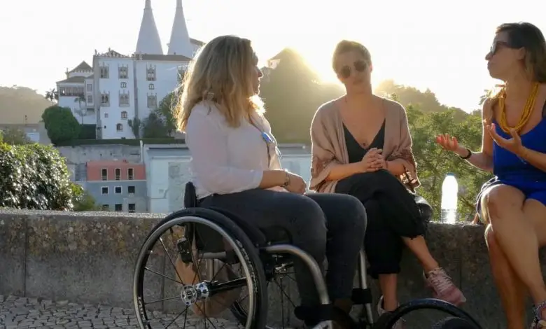 Woman in wheelchair in Sintra in accessible Portugal