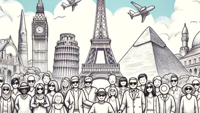 Drawing of a group of diverse people, some using wheelchairs, standing together in front of famous landmarks like the Eiffel Tower and the Pyramids, showcasing the joy of inclusive travel.