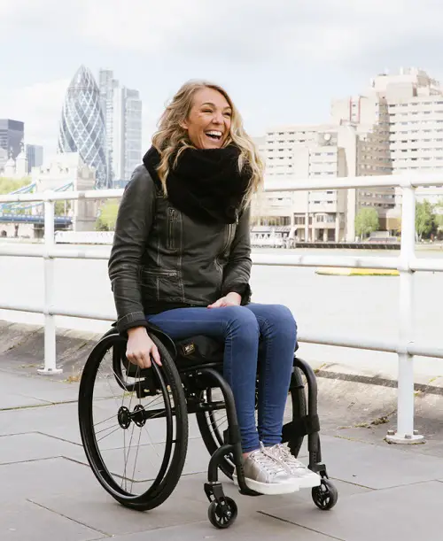 Sophie Morgan in her wheelchair in London by the Thames