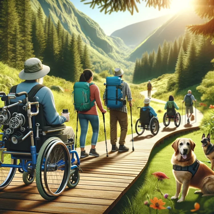 feature diverse hikers using various adaptive aids such as wheelchairs designed for rough terrain, walking sticks, and guide dogs, on an accessible trail in a beautiful natural landscape. 