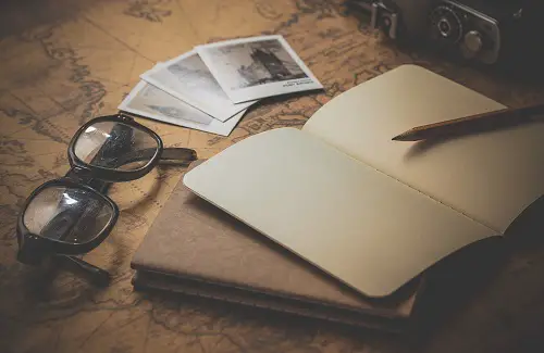 Notebook and camera on a world map