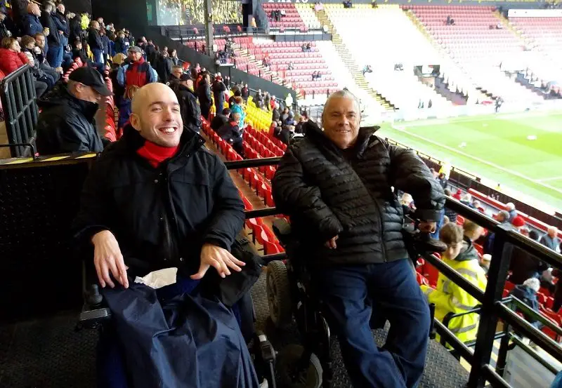 Wheelchair users Nick Bishop and Rob Trent at Watford v AFCB football game