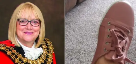 Left - Laura Booth in mayor uniform. Right - one pink laced shoe
