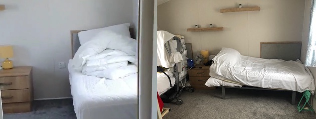 Left image bed facing doorway. Right image bed turned 90 degrees with head of popped up with pillows 