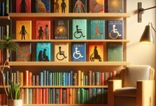 a diverse array of books on a wooden bookshelf in a well-lit, cozy room. Each book's spine is visible, featuring vibrant colors and designs that hint at stories of disabled characters without using stereotypical symbols. The room is filled with warmth, indicated by soft lighting and plants adding a touch of nature. A comfortable armchair is positioned next to the shelf with a floor lamp over it,