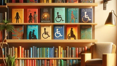 a diverse array of books on a wooden bookshelf in a well-lit, cozy room. Each book's spine is visible, featuring vibrant colors and designs that hint at stories of disabled characters without using stereotypical symbols. The room is filled with warmth, indicated by soft lighting and plants adding a touch of nature. A comfortable armchair is positioned next to the shelf with a floor lamp over it,