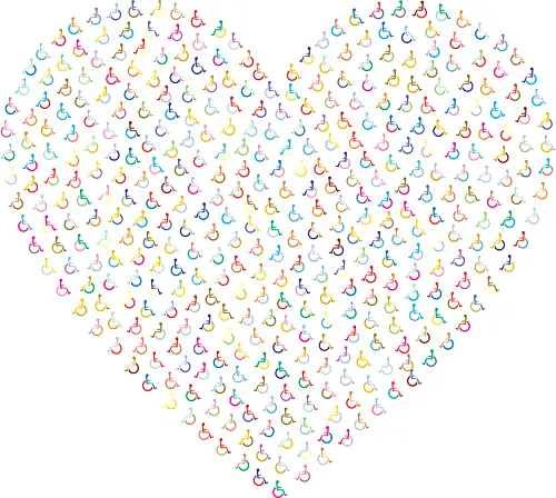 Heart shape made up of lots of colourful wheelchair symbols