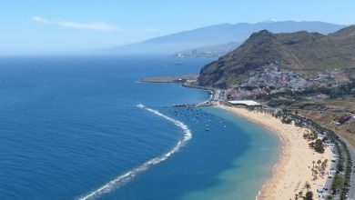 View from above of Tenerife beach with mountains in the background