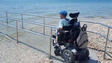 Wheelchair user Martyn Sibley at beach in Croatia on a ramp