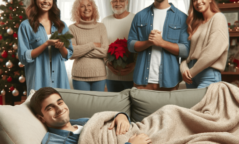 family during Christmas celebration. The setting is a living room decorated with Christmas decorations. One family memeber is resting on a couch under a blanket looking happy