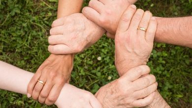 Five hands together in a circle holding each other's wrists