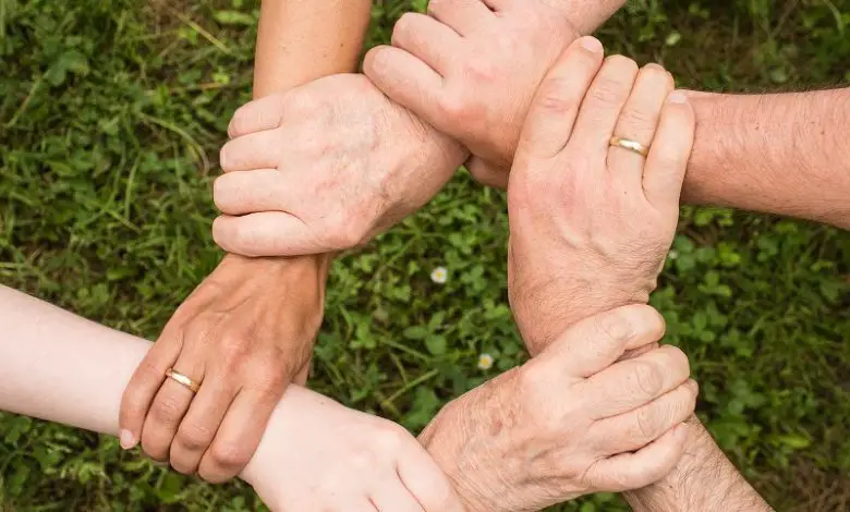 Five hands together in a circle holding each other's wrists