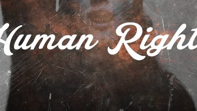 Words human rights written over grey background and a woman in a black hoodie