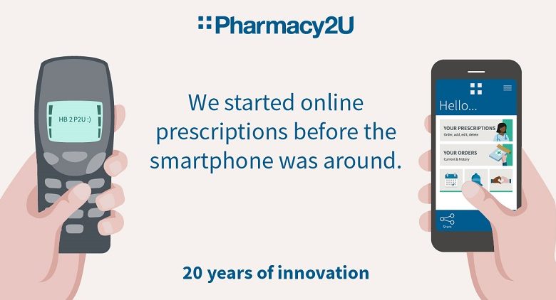 Graphic of old and new mobile phones promoting Pharmacy2U online prescription service