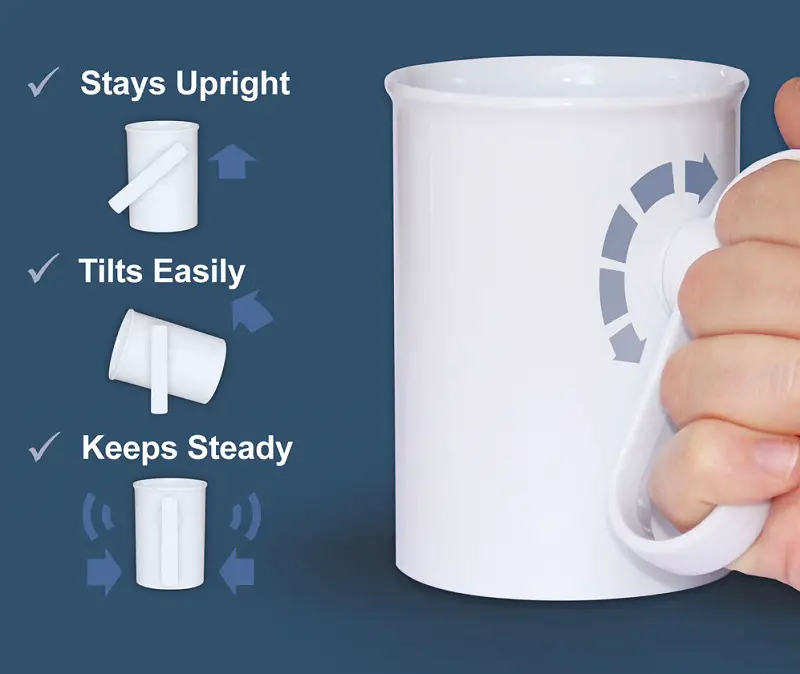 Handsteady drinking aid with graphic to show how it stays upright when tilted