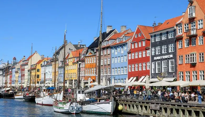 Row of colourful houses and buildings in Copenhagen in front of a river