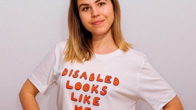 Mimi Butlin in 'Disabled looks like me' invisible disabilities t-shirt for Leonard Cheshire