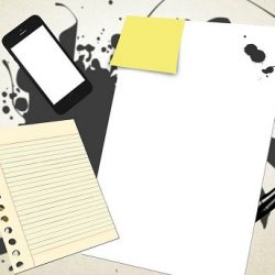 Graphic showing a writing pad, mobile, pen, paper clips and drawing pics