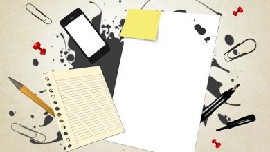 Graphic showing a writing pad, mobile, pen, paper clips and drawing pics