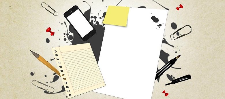 Graphic showing a writing pad, mobile, pen, paper clips and drawing pics