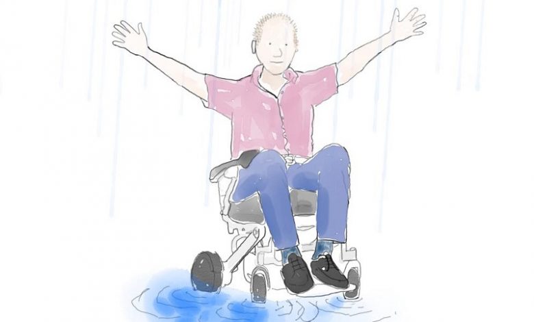 Cartoon of a man in a wheelchair with his arms in the air