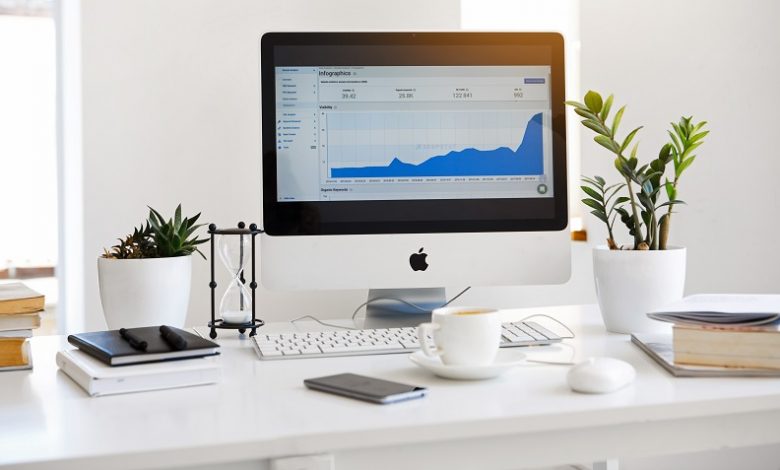 Home office with a Mac computer, plants and coffee cup on a white desk]