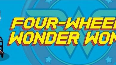 Illustration of Lucy Wood with words Four-Wheeled Wonder Woman on a blue background