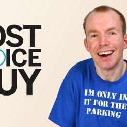 Lee Ridley next to his Lost Voice Guy logo