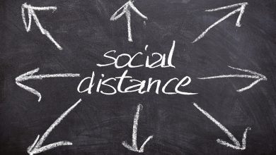 Social distancing written in chalk on a blackboard